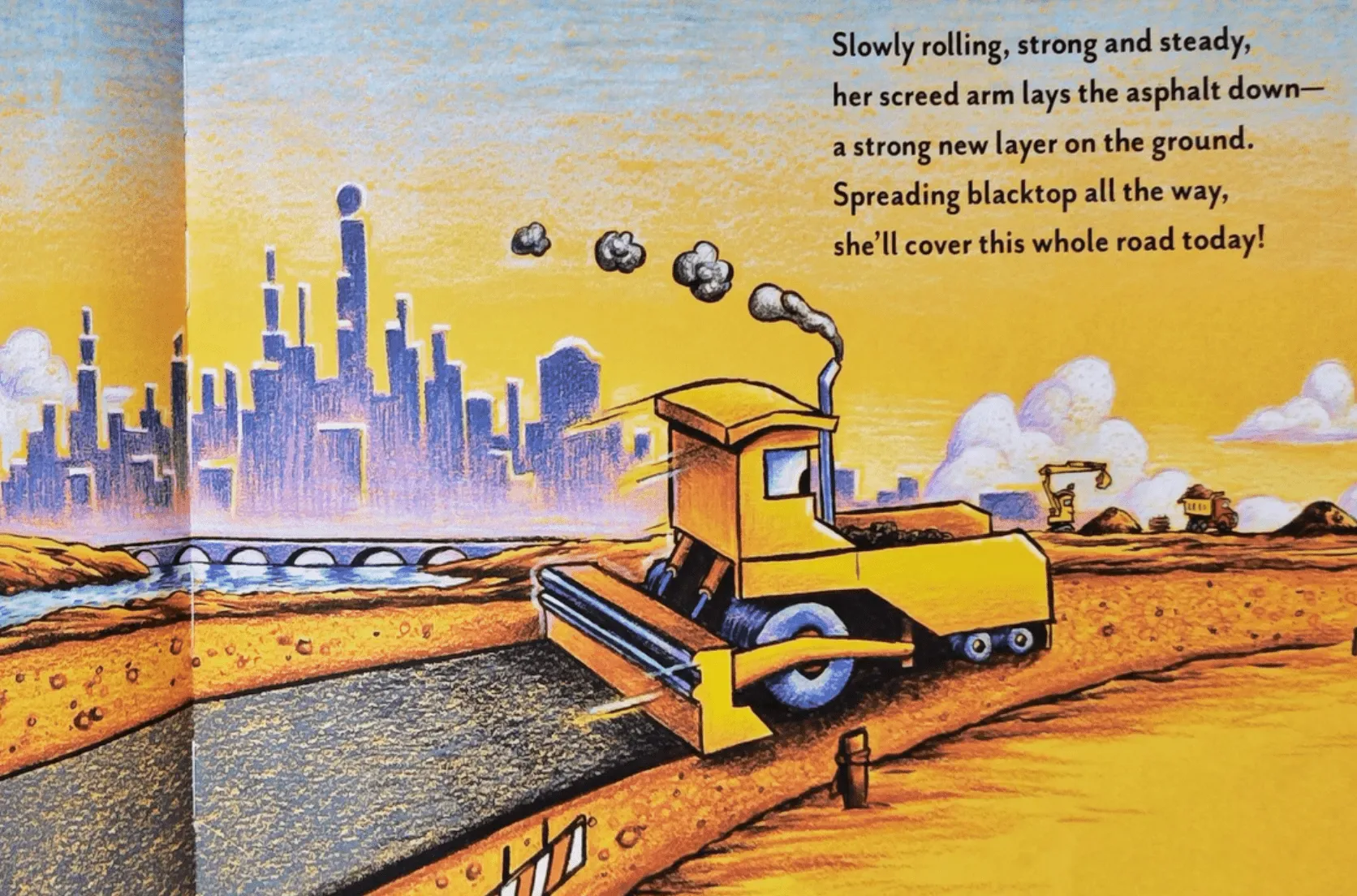 A spread showing Roller flattening the dirt, Grader scraping the surface, and Paver laying hot asphalt in sequence