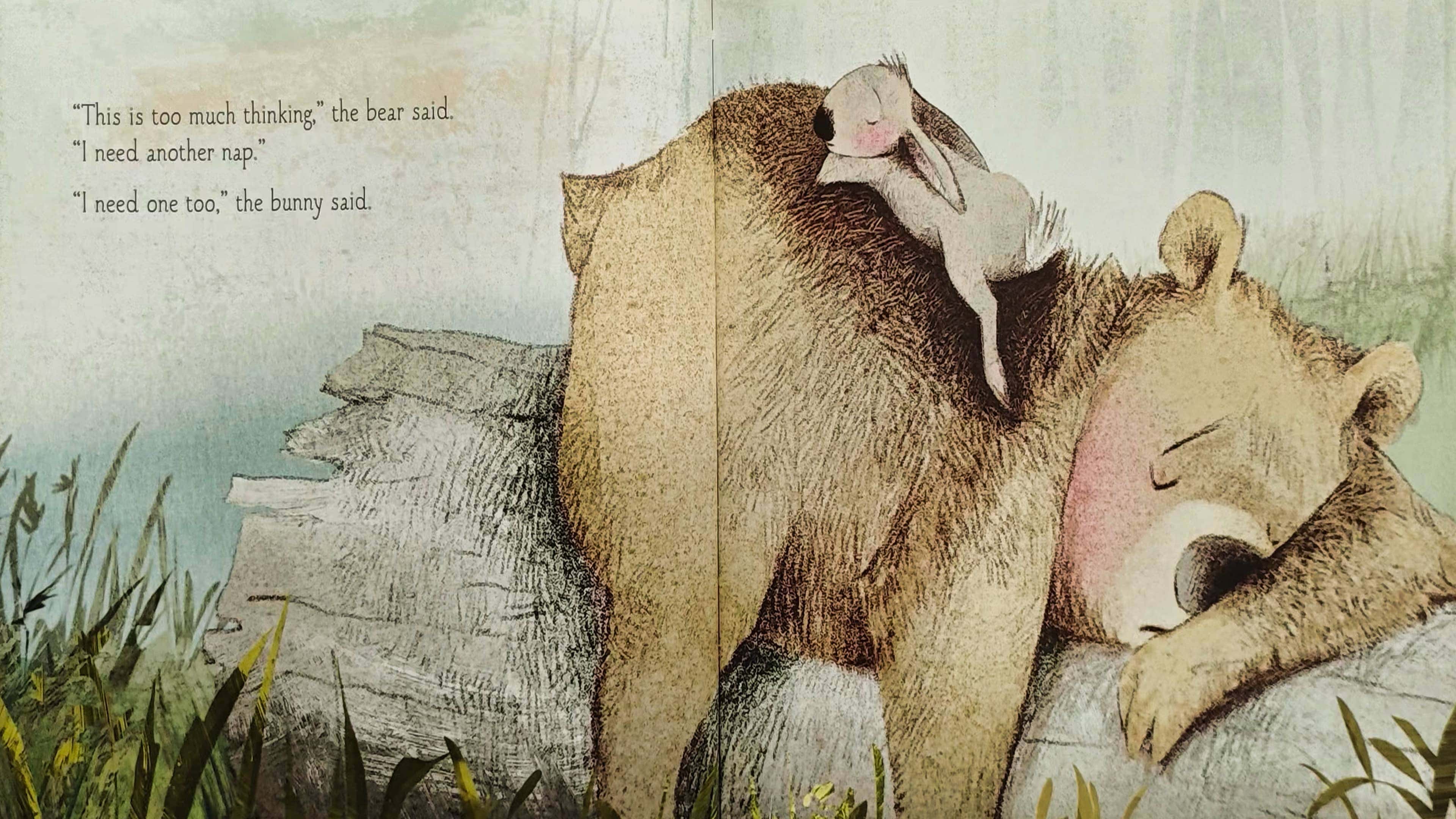 Bear and Bunny walking through a soft, misty forest together