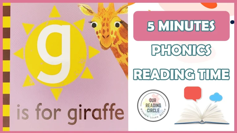 A vibrant illustration of a giraffe with the text 'G is for Giraffe' against a colorful background of shapes and patterns.