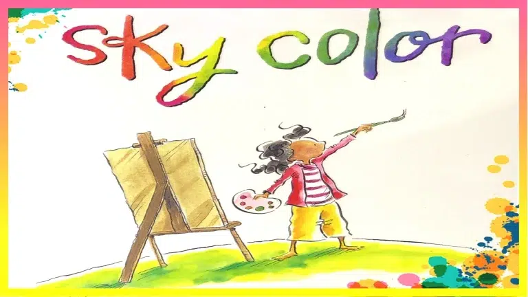 "Sky Color" book cover with a child looking up at a vibrant sky filled with colors.