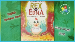 Book cover featuring a cartoon illustration of a dinosaur named Rex and a chicken named Edna with a penguin standing on top of a boy's head and the title "Rex vs. Edna: The Very First Chicken" in bold letters.