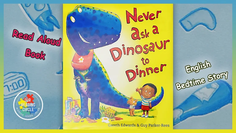 A vibrant book cover for "Never Ask a Dinosaur to Dinner" featuring dinosaurs at a table.