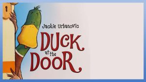 Lively illustration of a duck character standing at a doorway