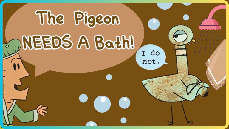 Cartoon of a pigeon taking a bath in a small sink with wings spread out